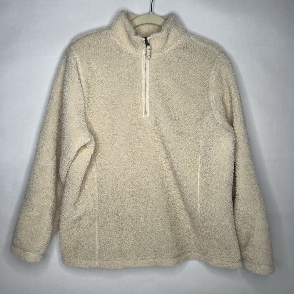 Lands End Ivory Sherpa Fleece 1/4‎ Zip Pullover Sweatshirt L 14/16 Cream White